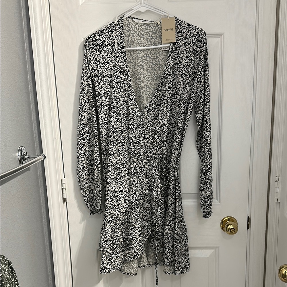Mango Black and White Long Sleeve Dress